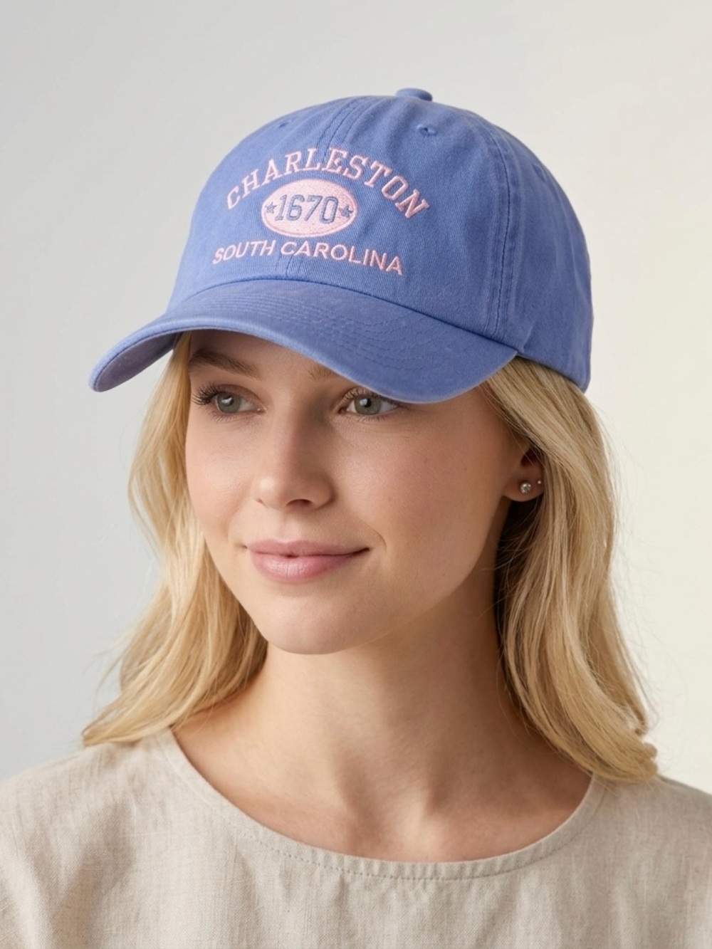 Charleston SC Embroidered Cotton Baseball Cap in Lavender & Pink